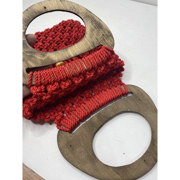 Vintage Macrame Purse Woven Wooden Handle Handbag Handmade Red Unique Boho - Picture 4 of 5